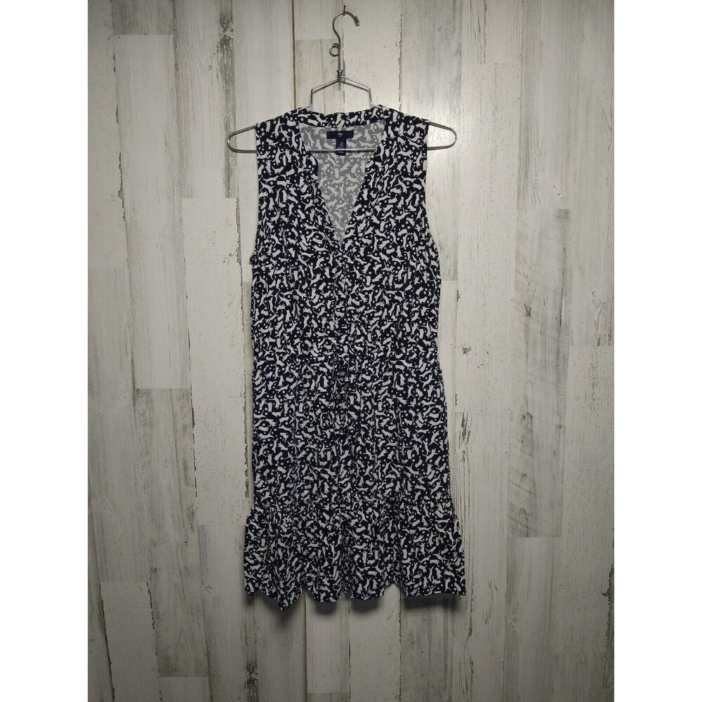 Gap Navy White Cat Floral Novelty Animal Print Sleeveless Summer Dress XS